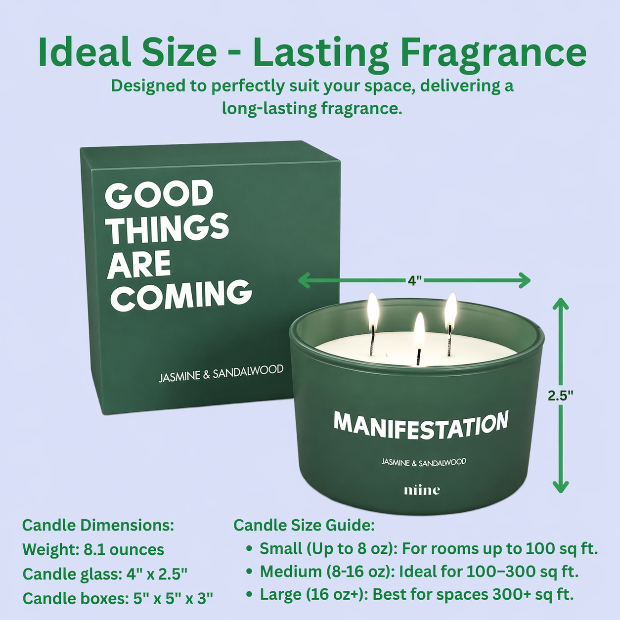 Scented Soy Candle Jasmine & Sandalwood Scent 3 Wick Light Green 50Hr Burn