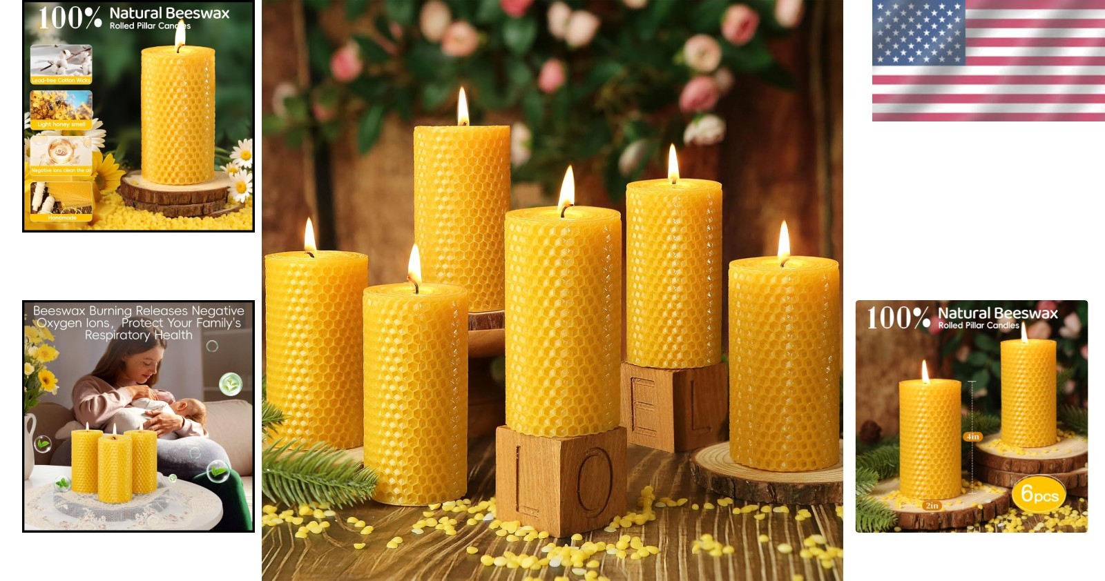 6-Pack Handmade Beeswax Pillar Candles – 120 Hours Dripless & Smokeless