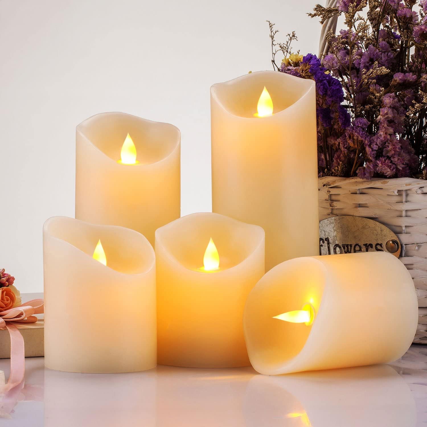 Flameless Candles, Flickering Moving Flame LED Candles Set of 5 (Size: D: 3 x H: