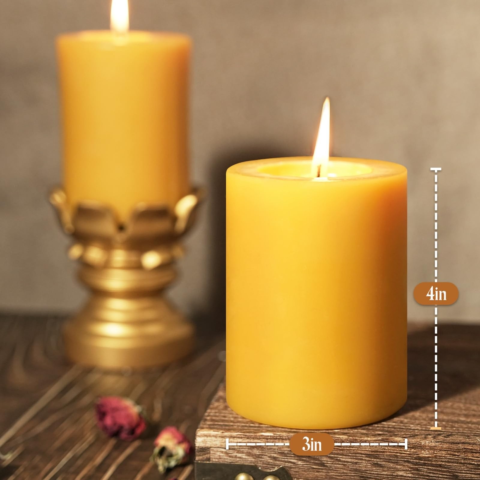 Capaniel Natural Beeswax Pillar Candles, 2 Pack, 3 x 4 Inch, 120 Hours Total