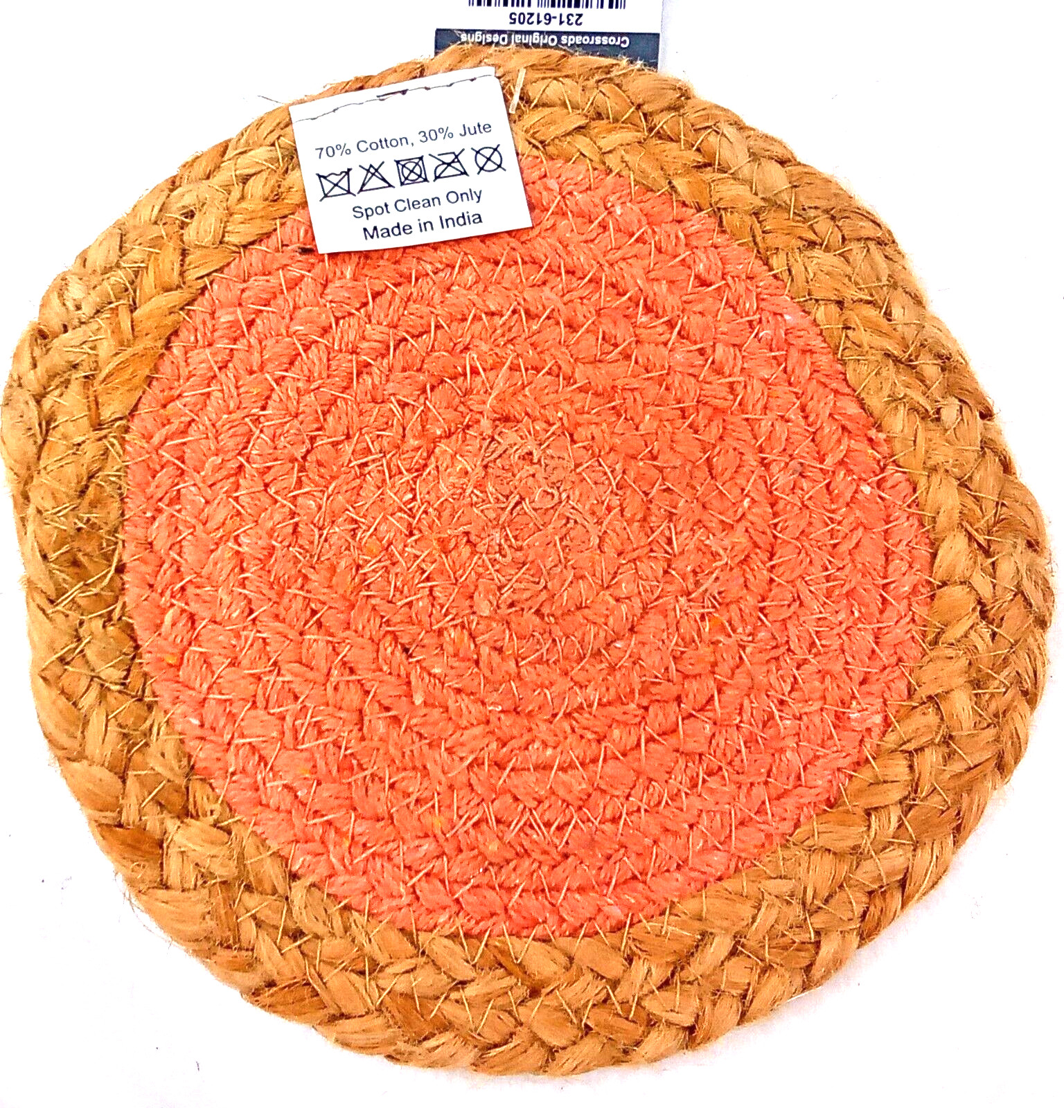 Jute Candle Mat Pad Peach Cotton Fabric Crossroads Round India Tan Stitched 6.5″