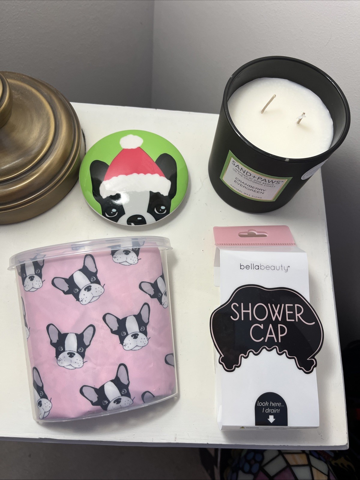 Christmas Sand + Paws Boston Terrier Candle & Shower Cap Set, French Bulldog NWT