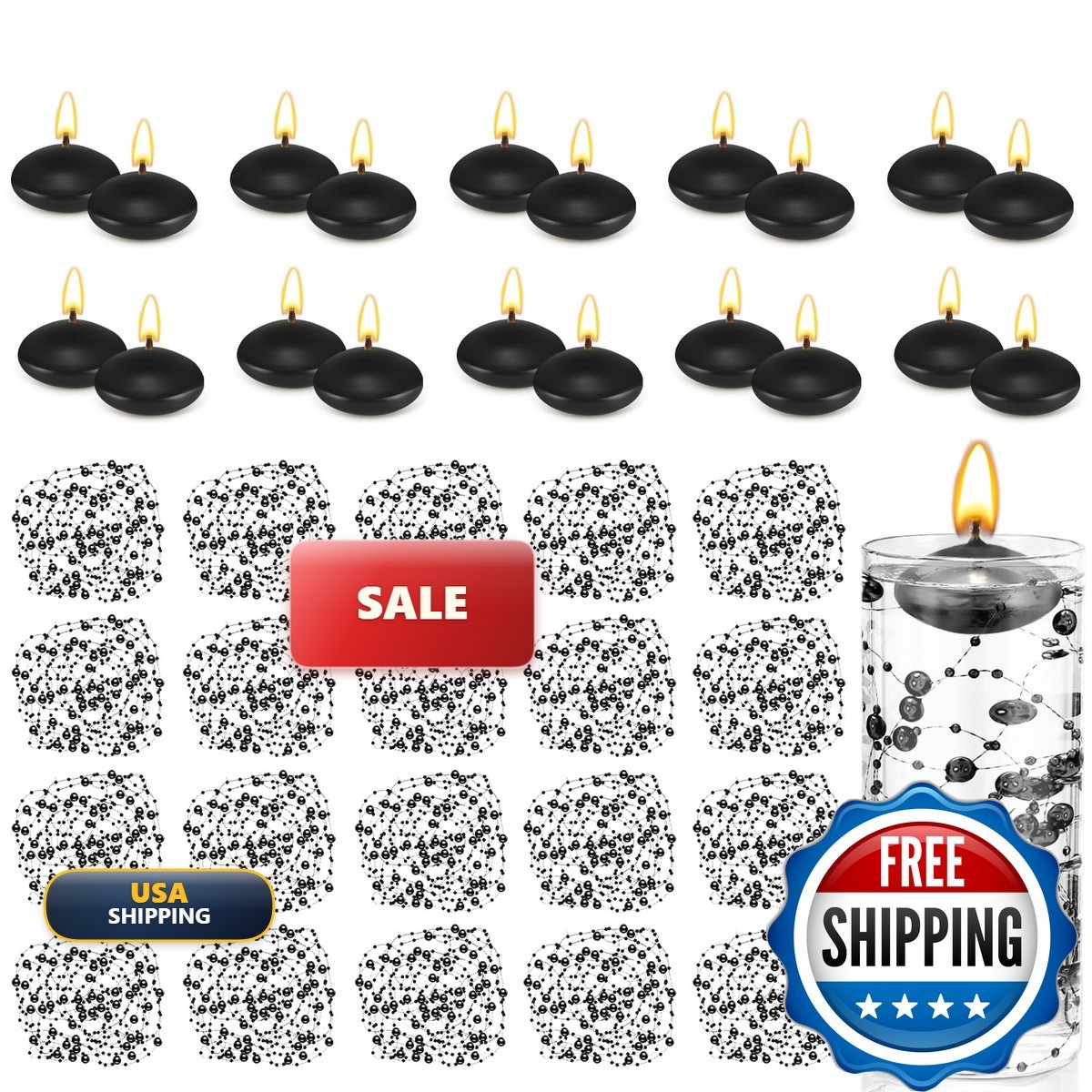 Fumete 40 Pcs Black Floating Candles with Pearl Strings
