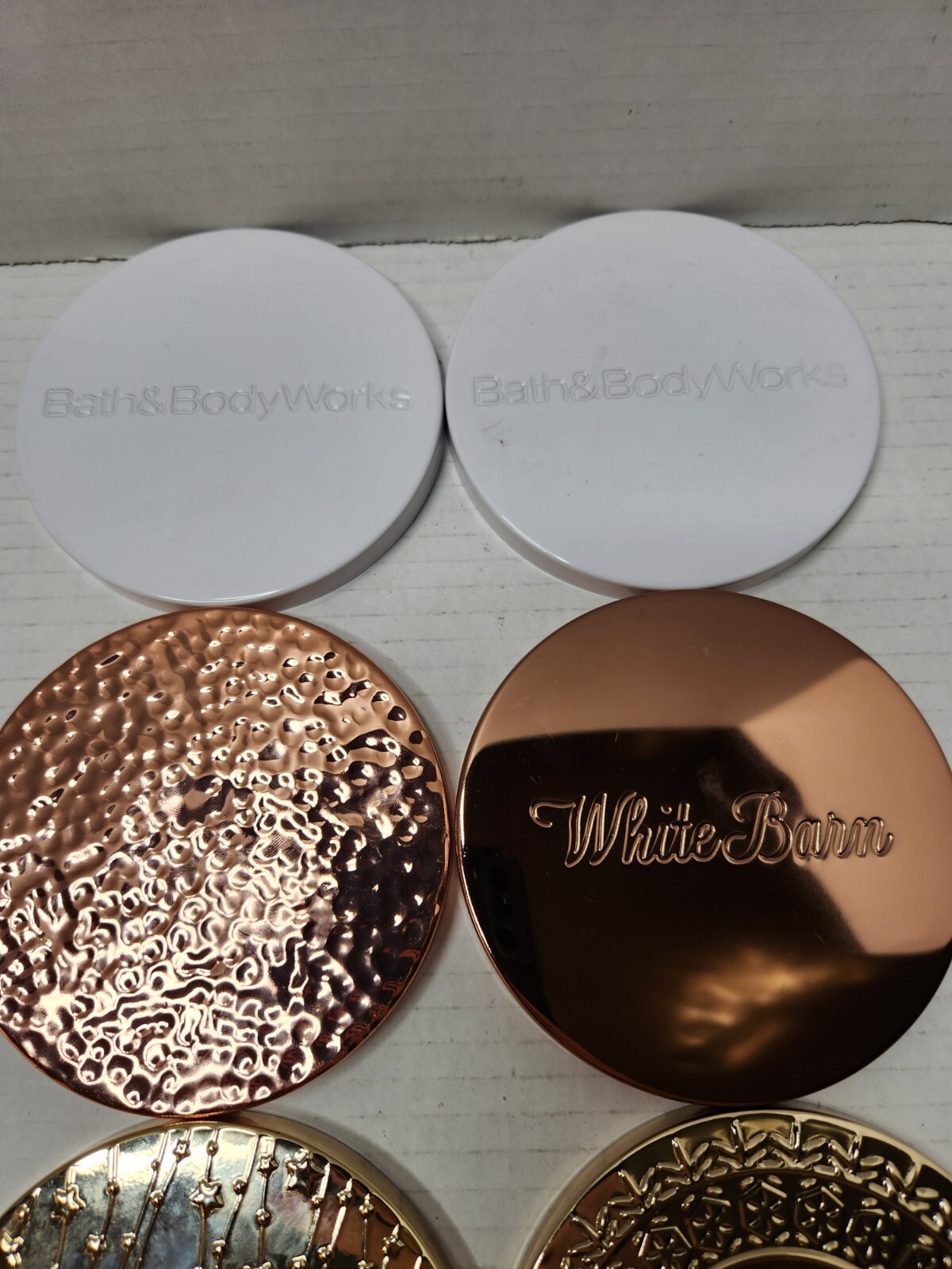 Bath & Body Works 3 Wick Candle Lids White Rose Gold Hammered Copper Metal Star