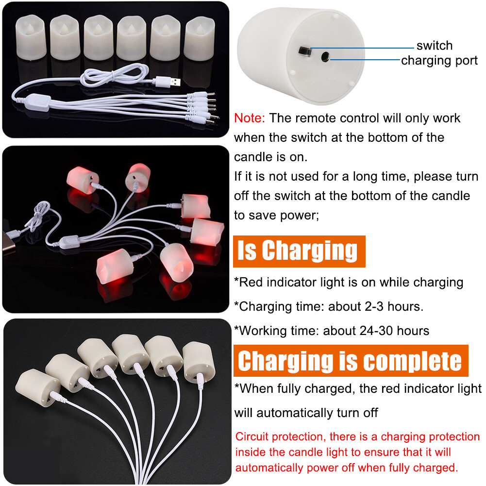 6PCS Rechargeable Flameless Flickering LED Candles Tea Lights with Timer Remote