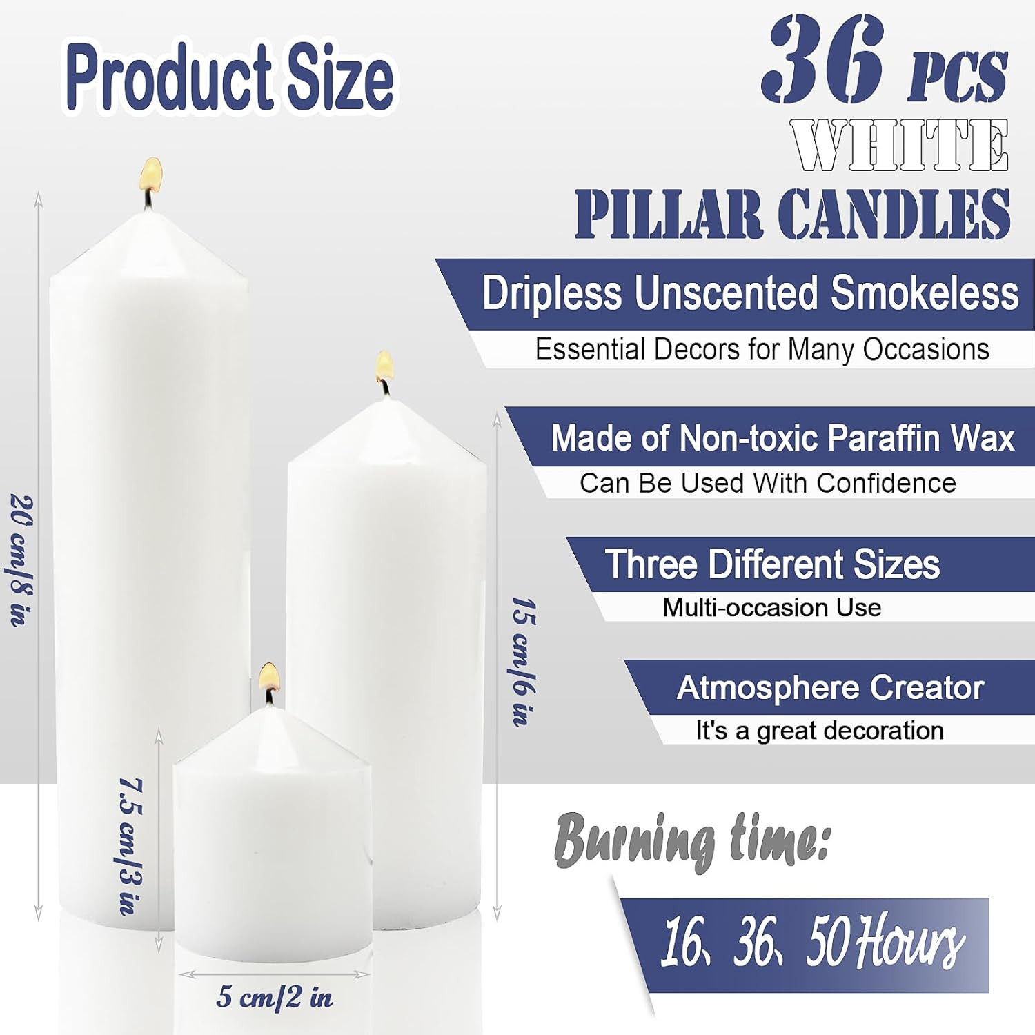 36 Pcs White Pillar Candles Bulk Set，2X3 2X6 2X8 Inch – 12 Each Size，Hurricane C