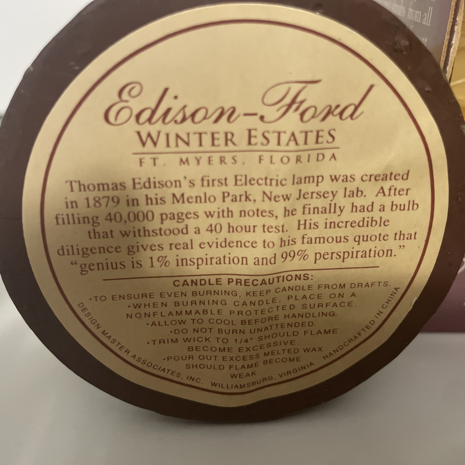 New Vintage Light Bulb Candle Thomas A. Edison 90s Souvenir Ford Winter Estates