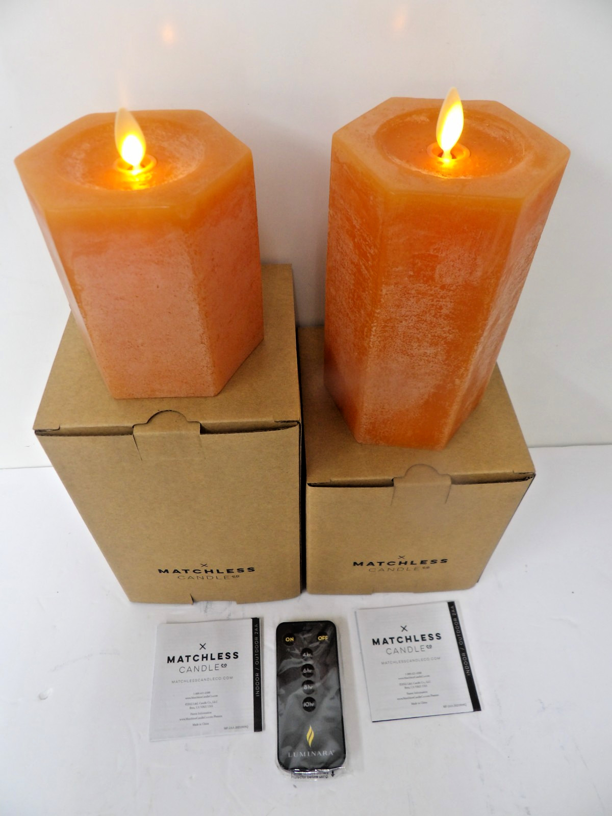 Luminara Matchless Rust Orange Hexagon Pillar Candle Set with Remote