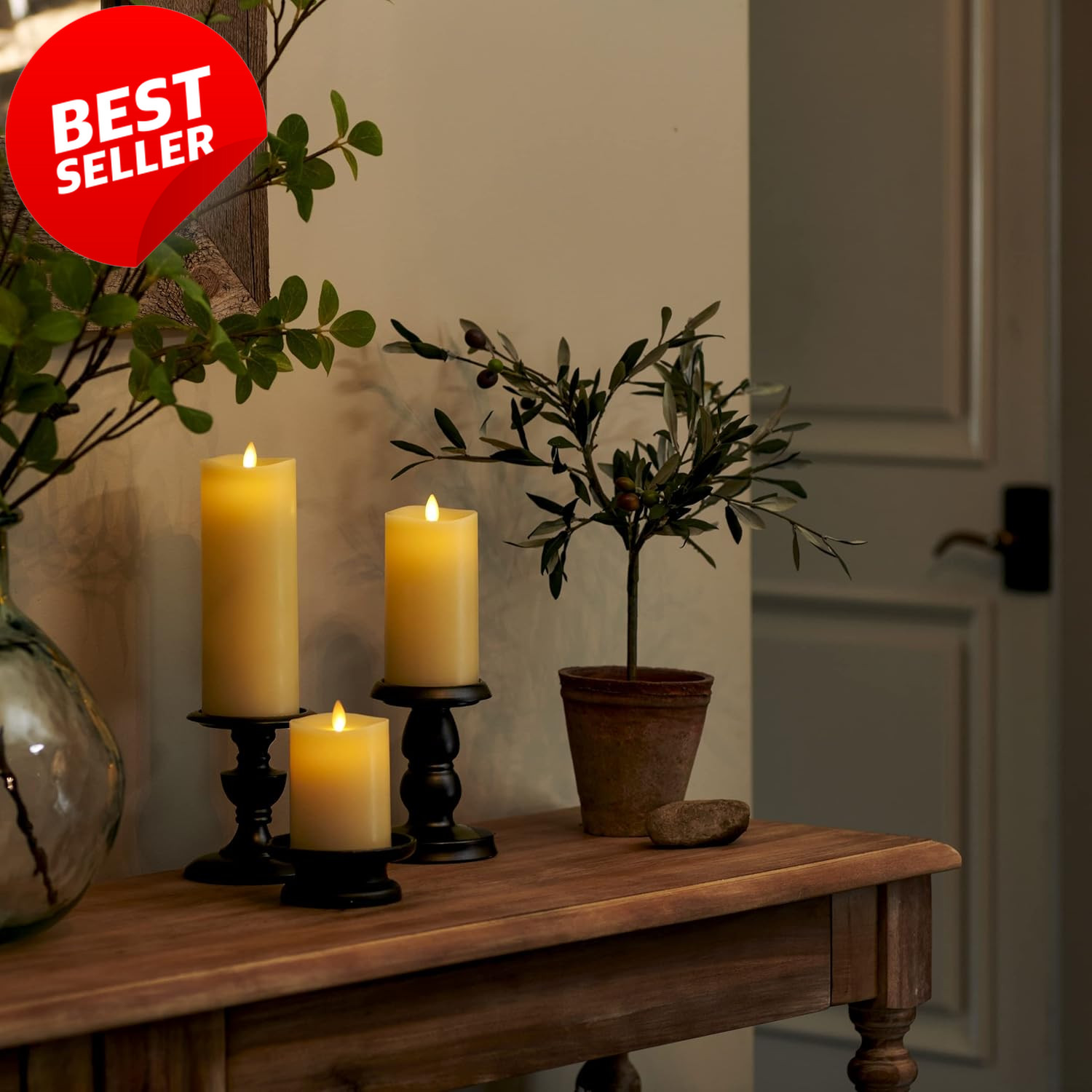 Flameless LED Pillar Candles Set of 3 Ivory Moving Flame Remote Timer – US