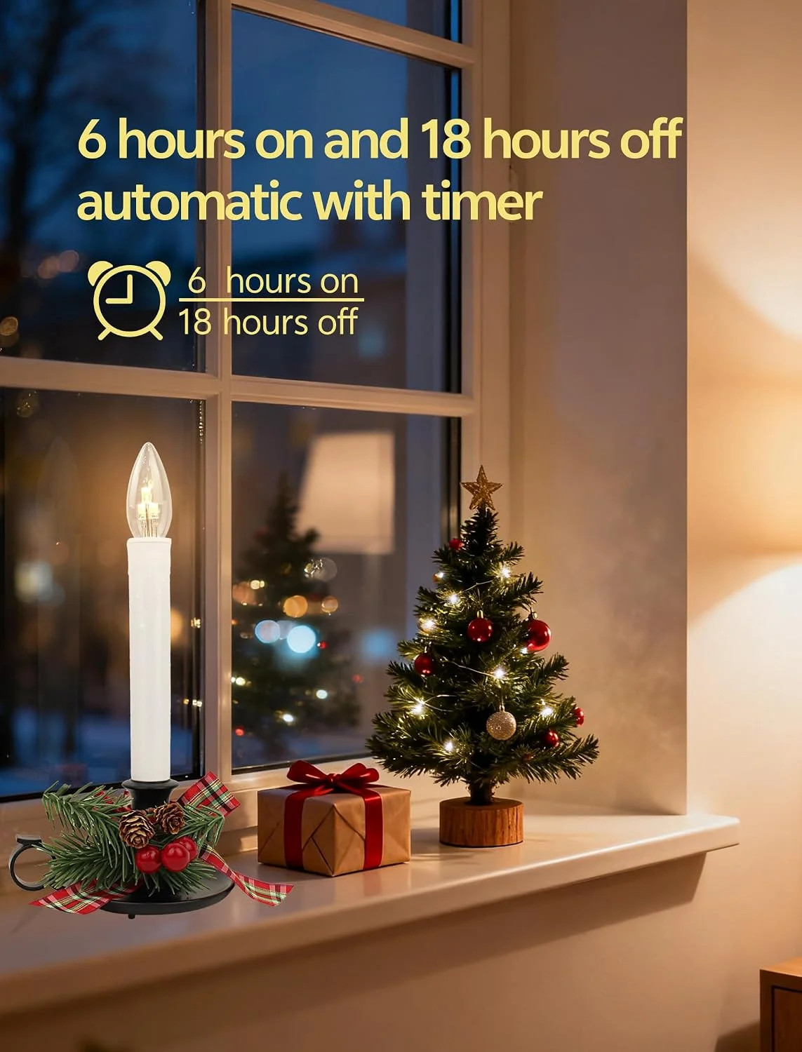 4Pk Christmas Window Candle Light 11In Battery Operated Candle with Timer | Flam