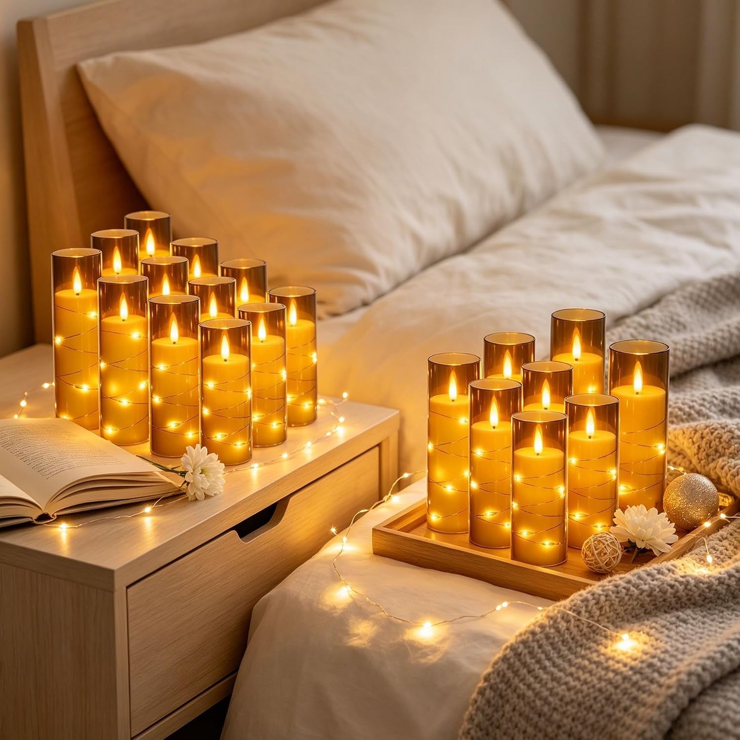 12 Pack Gray Acrylic Flameless Taper Candles, Flickering Black Wick LED Candles