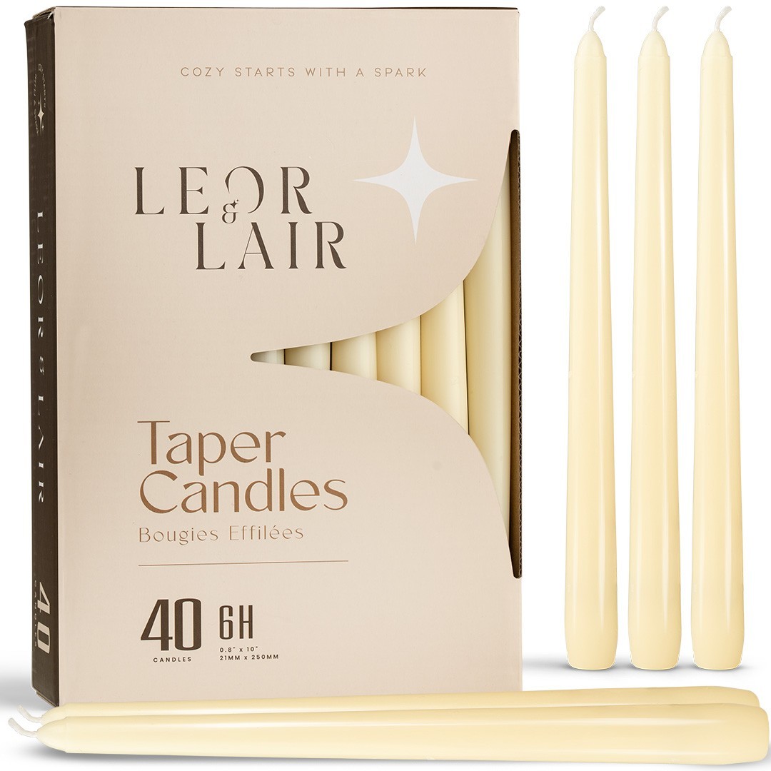 Leor & Lair Bulk Taper Candles – 40 Pack – 10″ Tall Candlesticks, 6+ Hours Burn