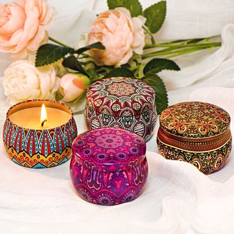 Aromatic Therapy Candles Assorted 4 Scents Tin Hard Can Deluxe Gift Box No Smoke