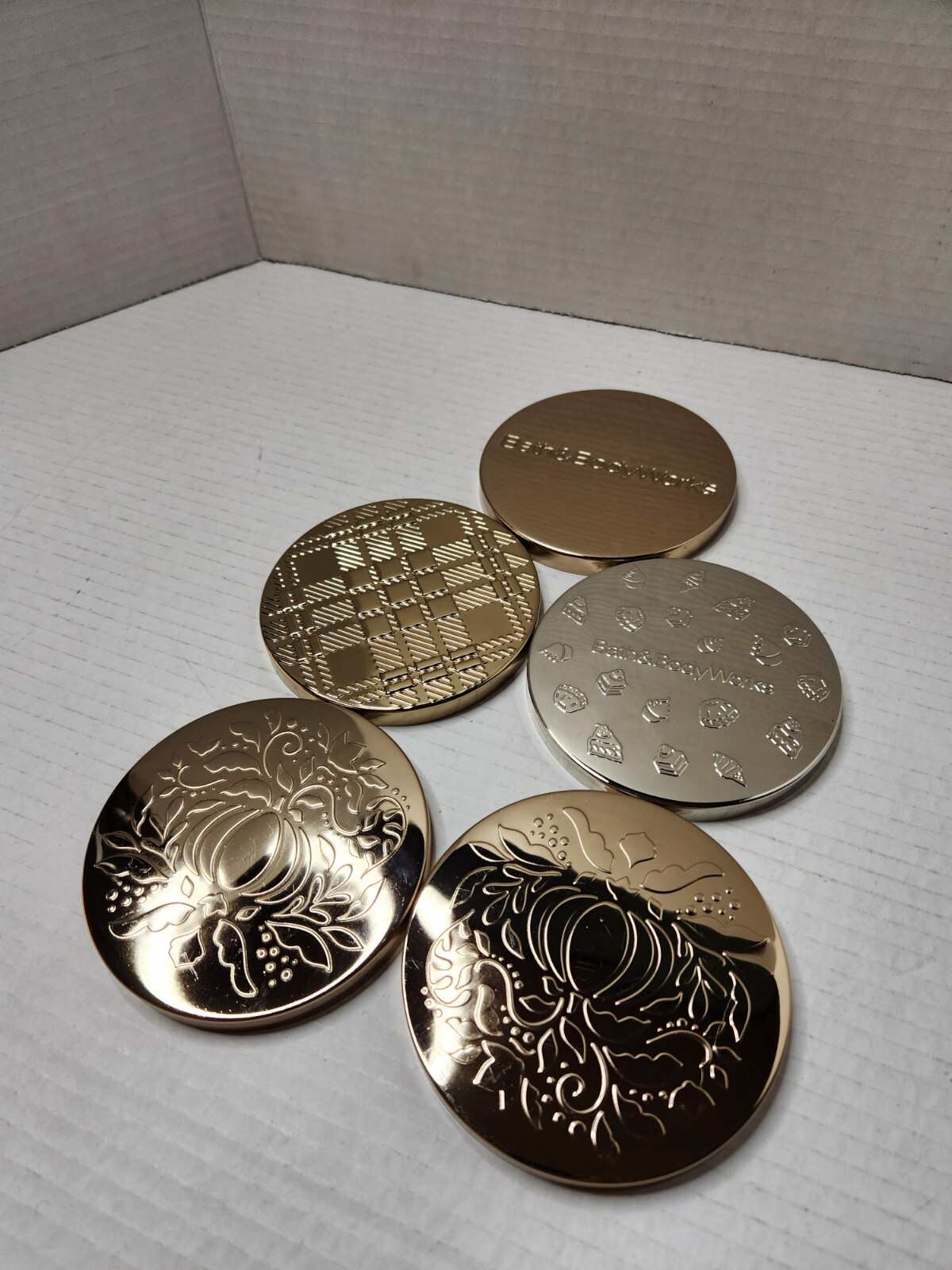 Bath & Body Works 3 Wick Candle Lids White Rose Gold Hammered Copper Metal Star