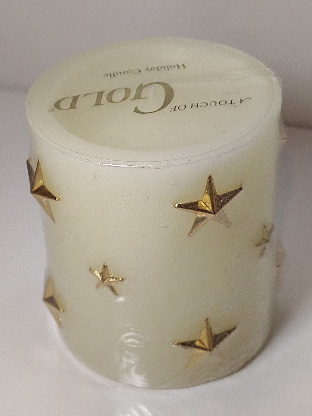 Vintage “A Touch of Gold” Wax Pillar Candle Glitter Cream Gold Stars 3.25″ New
