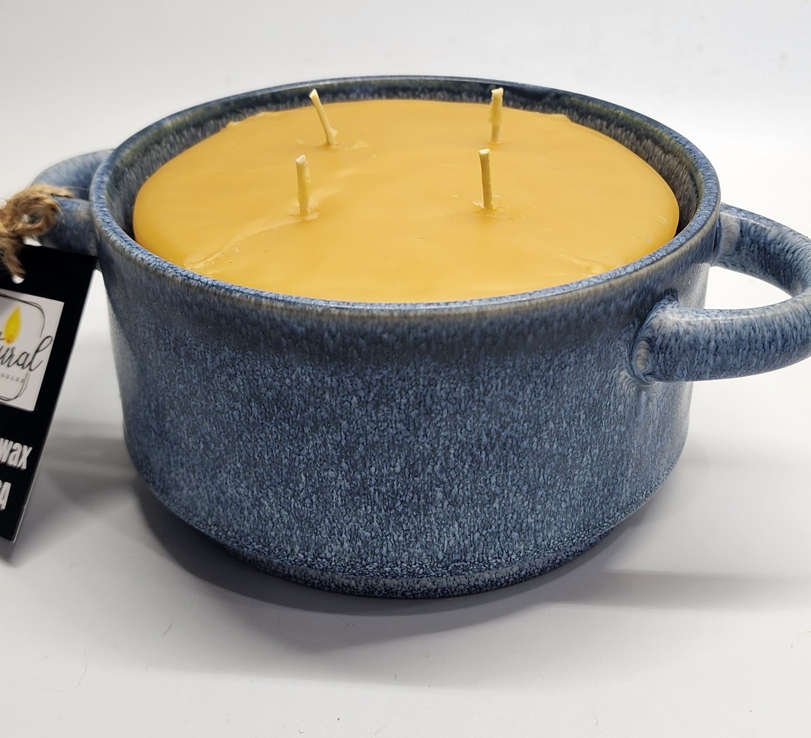 Very large 4 wick beeswax candle 5″ wide in reusable ceramic pot