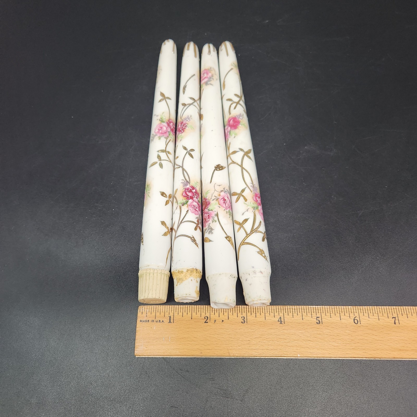 Set of 4 Antique? Porcelain Faux Taper Candles Hand Painted Floral Gold Accents