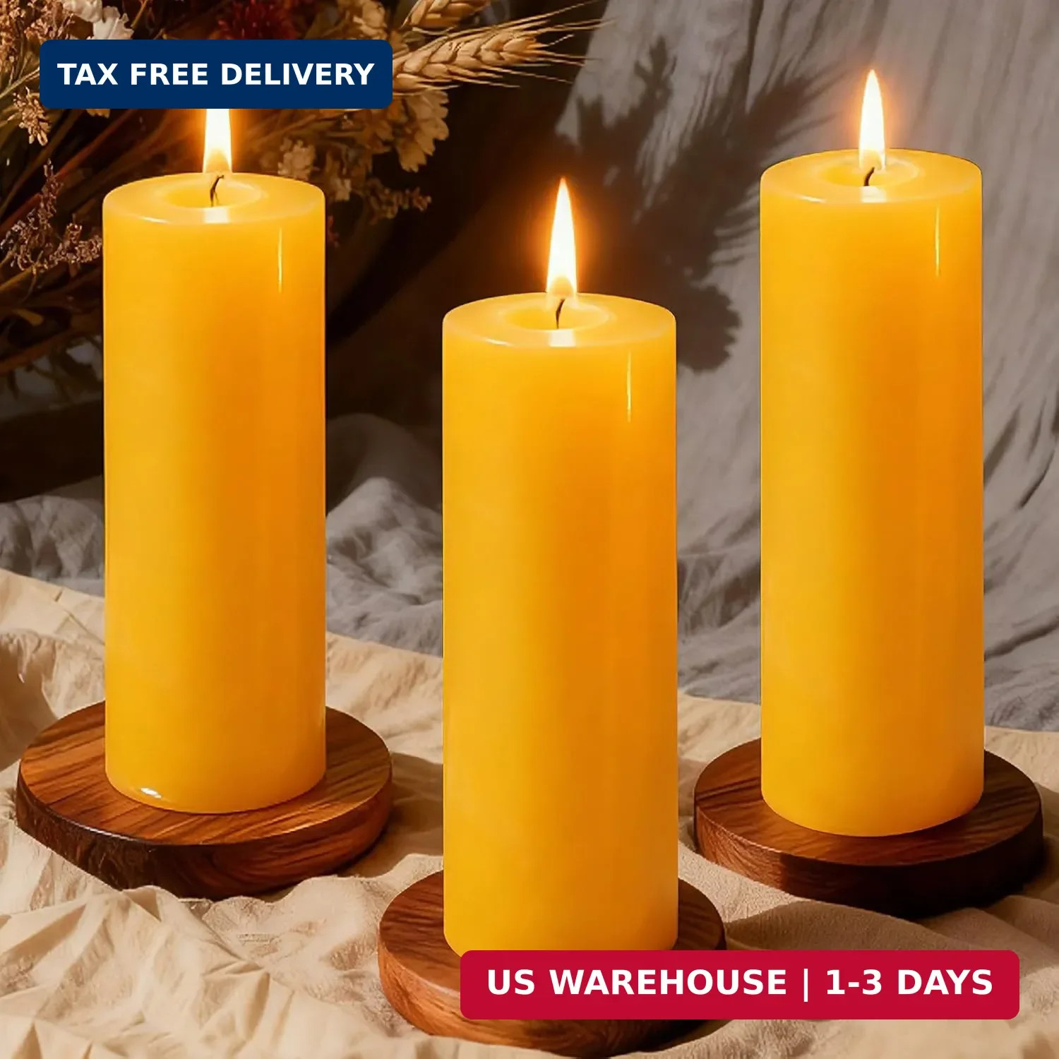 3 Pack Natural Beeswax Pillar Candles,2x6in Large Pure Beeswax Candles-180 Hours