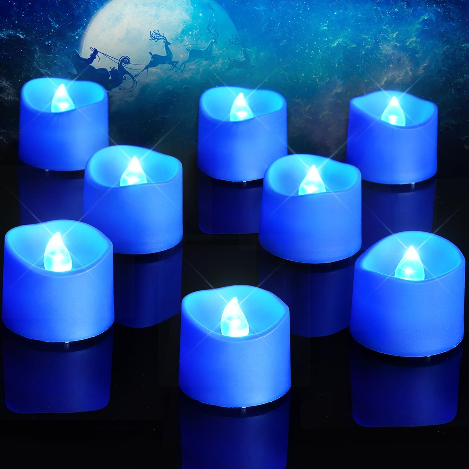 12pc Blue Tea Lights Candles Battery Operated, 200hr Flameless Flickering Candle