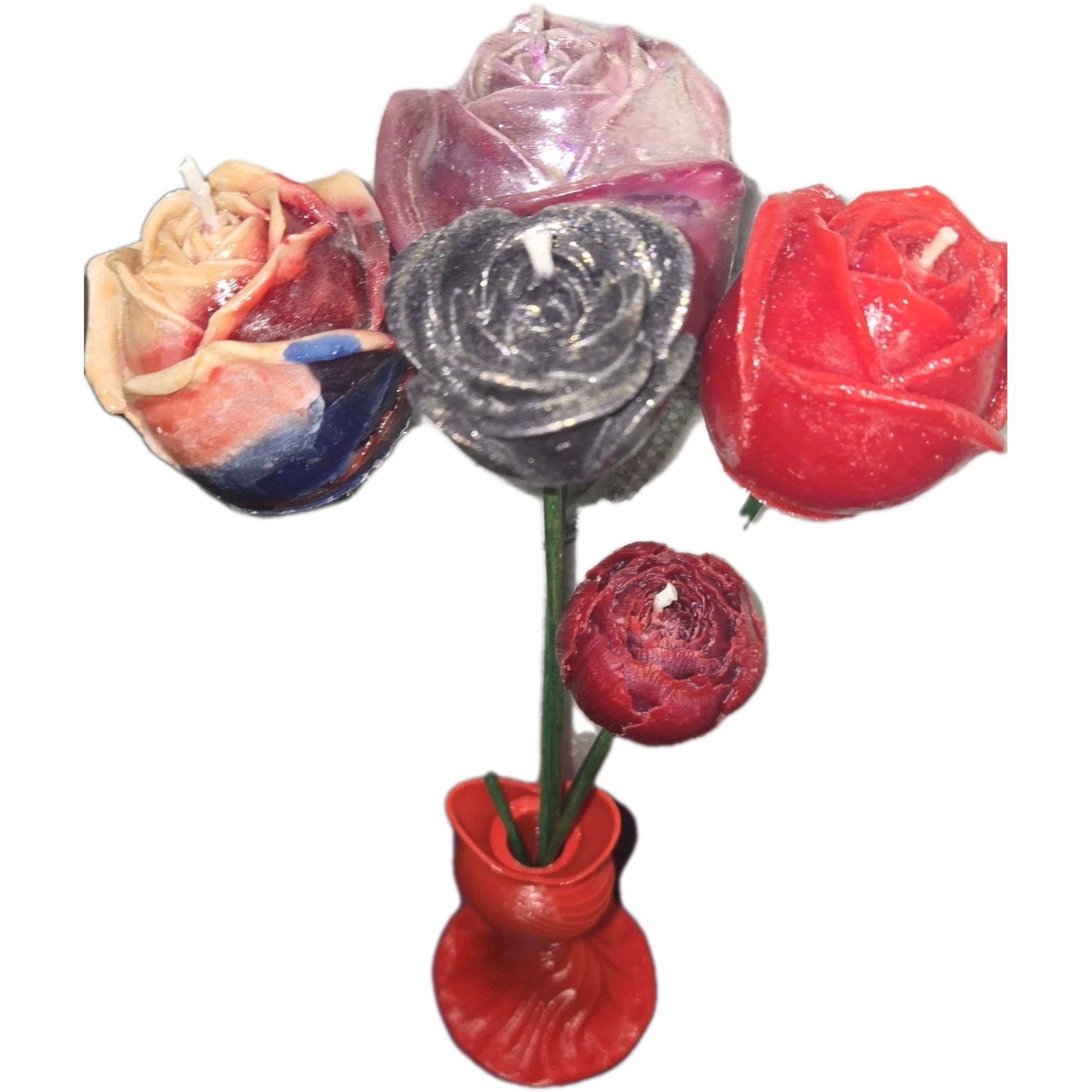 1/2 Dozen Stemmed Flower Candle Bouquet in Red Vase Multicolor