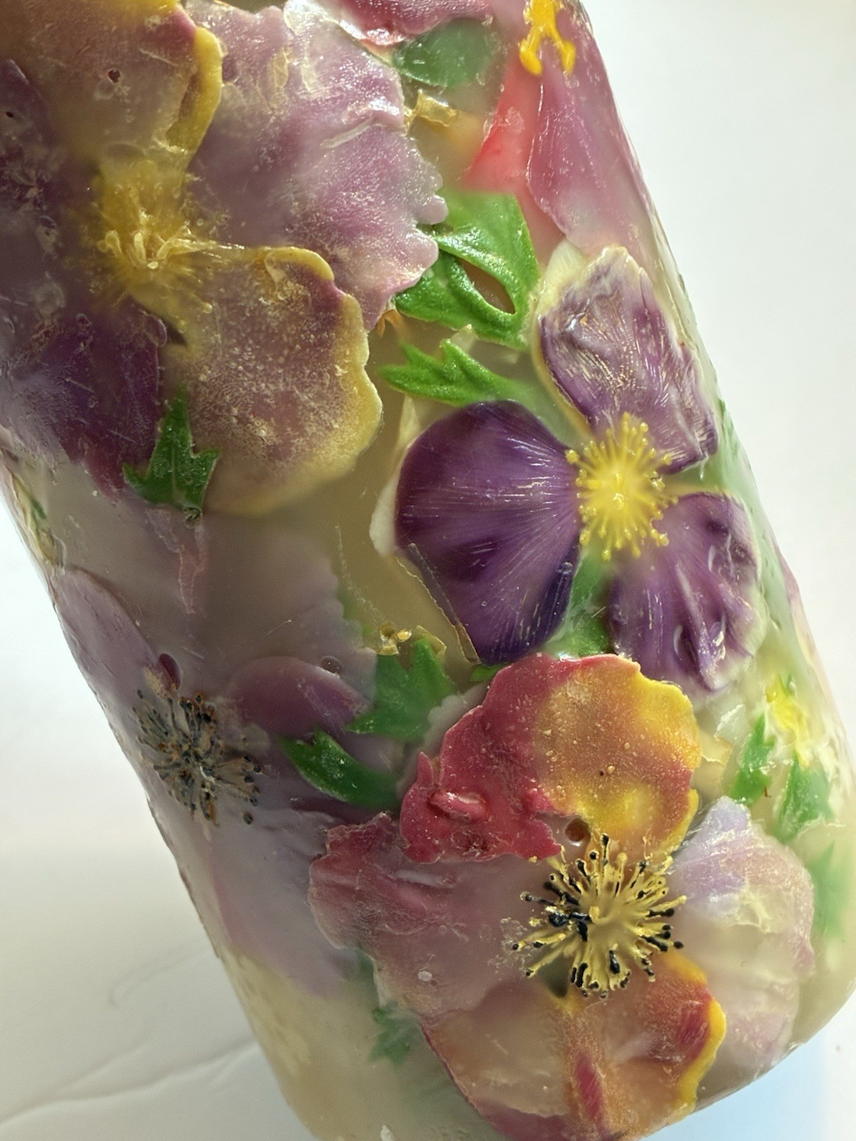 Botanical Decorative Pillar Candle w/Embedded Dried Flowers & Leaves 9.5″ Heavy