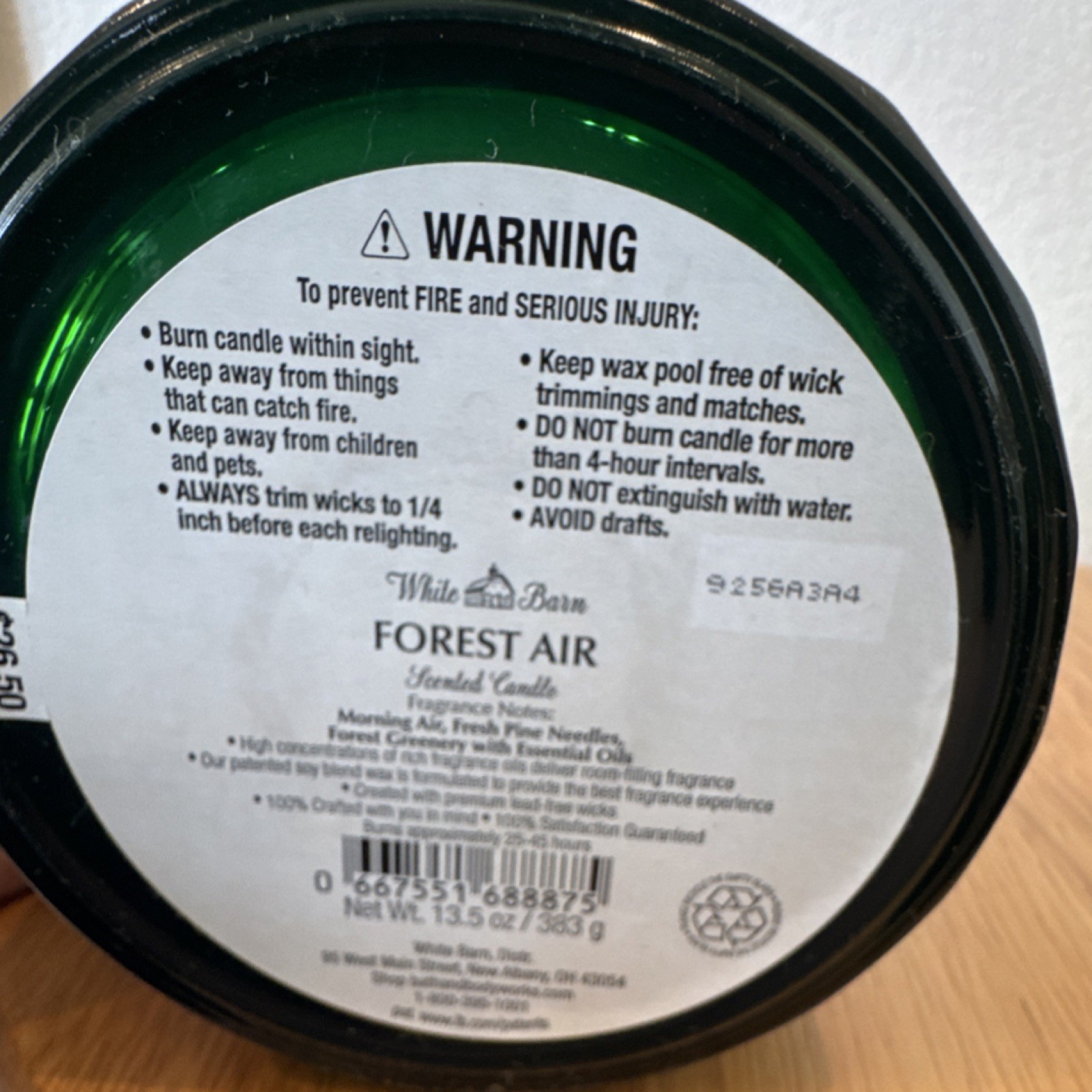 White Barn Forest Air Scented Candle Green Wax Jar 13.5 oz RARE
