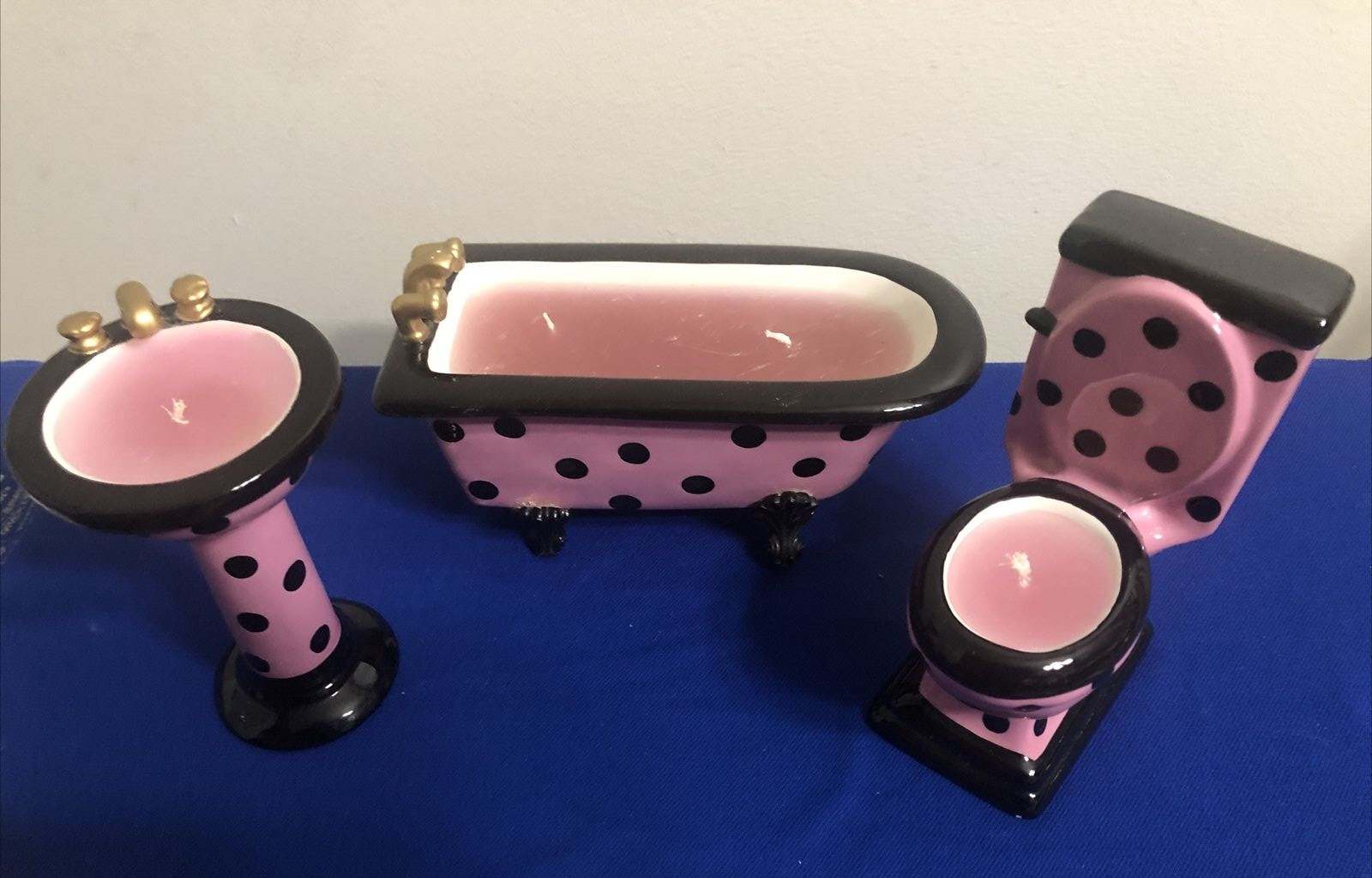 Ceramic Bathtub, Toilet & Sink Candle Set – Pink Polka Dot Design