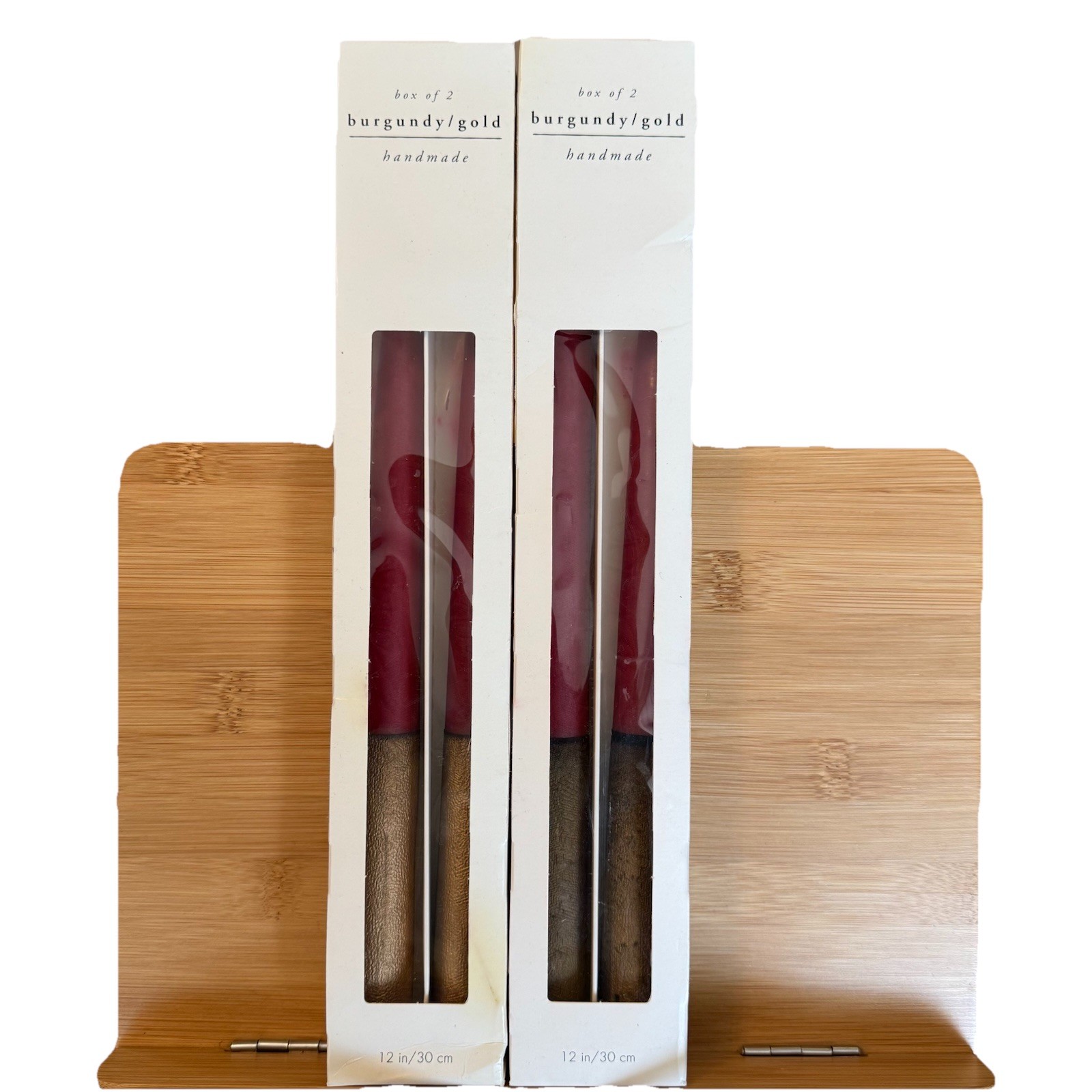 Pier 1 Burgundy Red & Gold Taper Candle Sticks 12” Handmade in Finland NEW Set 4