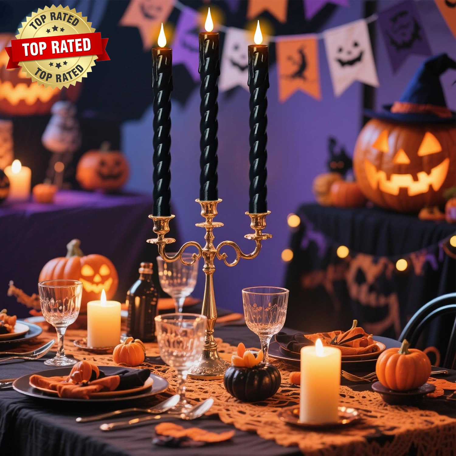 Black Flameless Taper Candles Battery Operated with Remote Timer | 3D Wick Flick