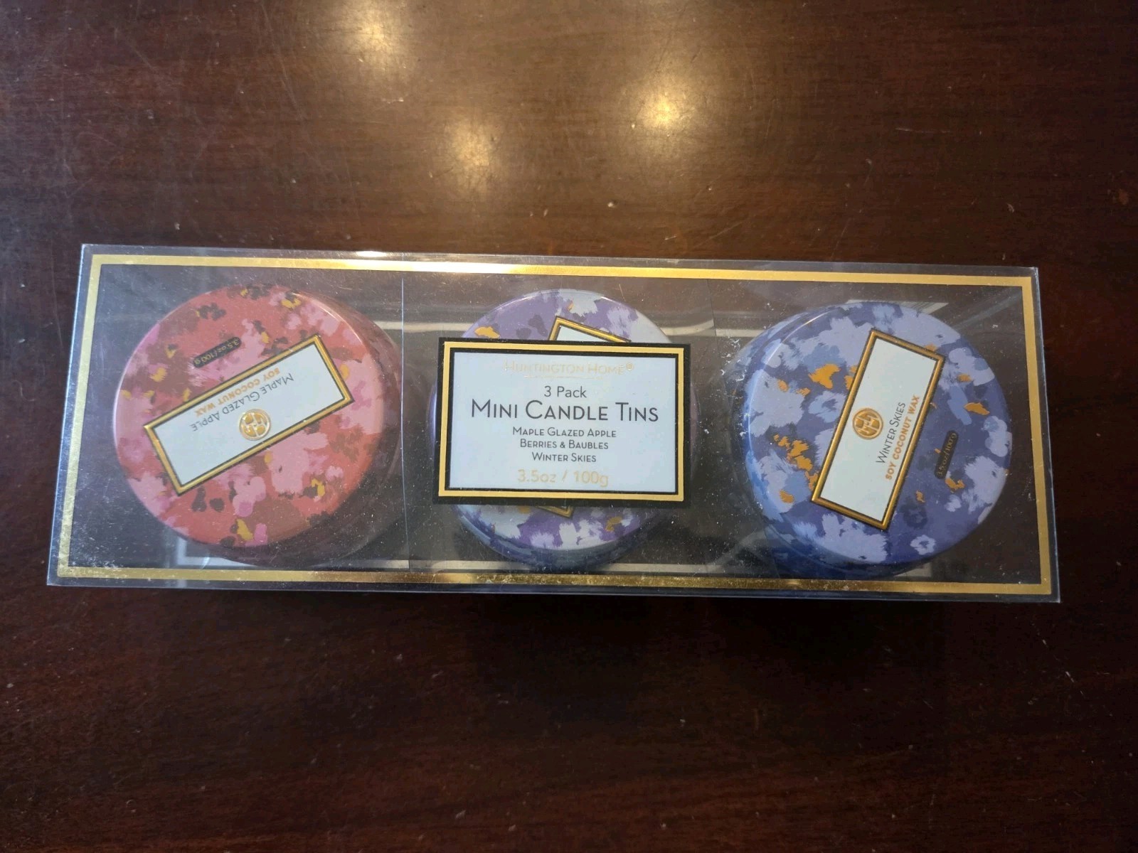 Huntington Home 3 Pack Mini Candle Tins Apple, Berries + Baubles, Winter Skies