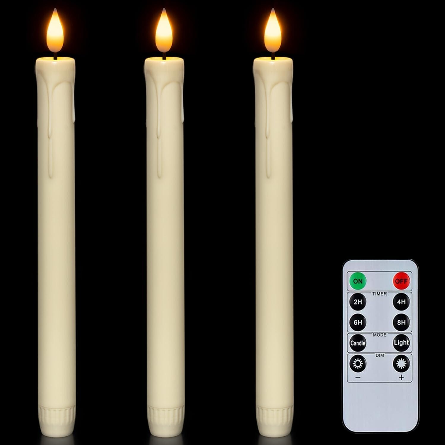 Set of 3 8″ Real Wax Flameless Moving Wick Ivory Wedding Taper Candles NEW 2023