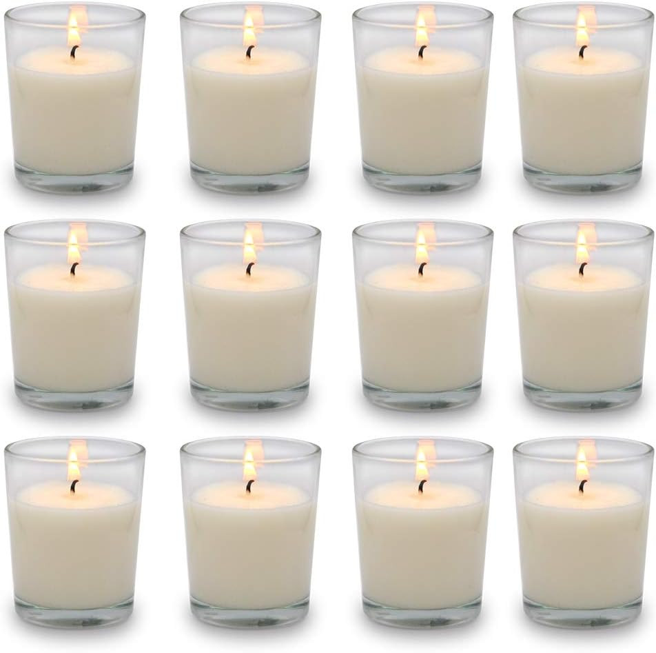 Set of 12 White Votive Candles Clear Glass Filled Unscented Soy Wax Candle for H