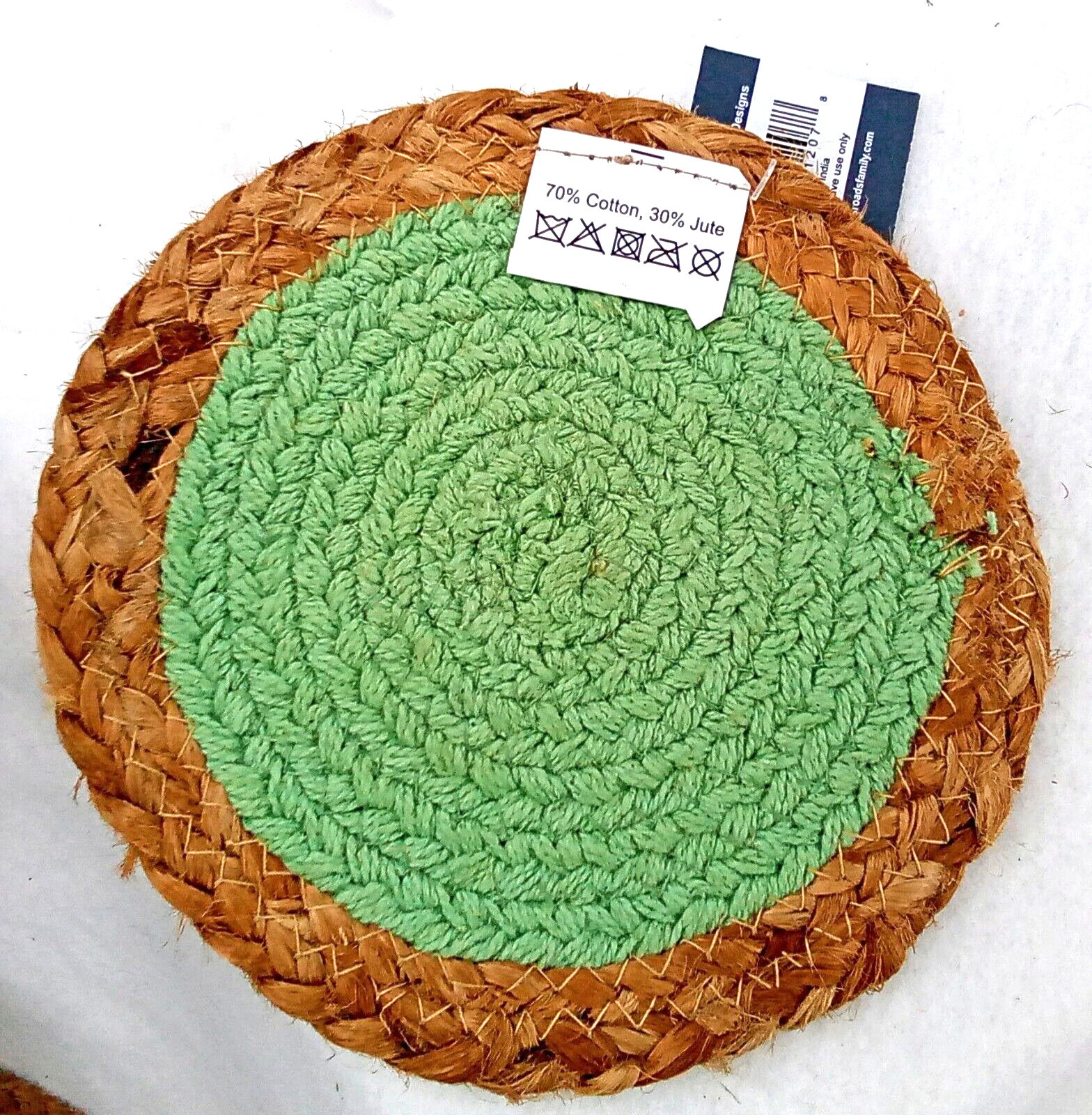 Jute Candle Mat Pad Green Cotton Fabric Crossroads Round India Tan Stitched 6.5″