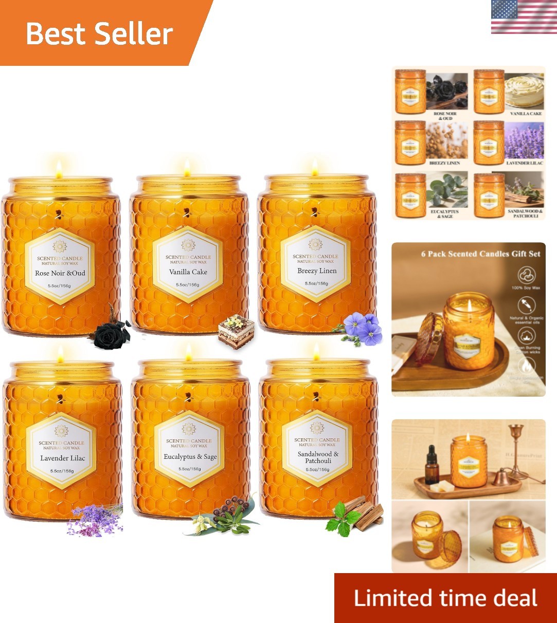 6 Pack Natural Soy Wax Jar Candles for Home, Scented Aromatherapy Gift Set fo…