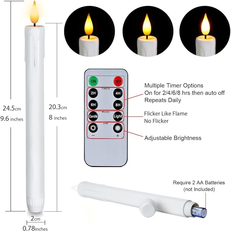 Flameless Taper Candles W/ Remote Timer Dimmer 3D Flame Battery Operated Decor
