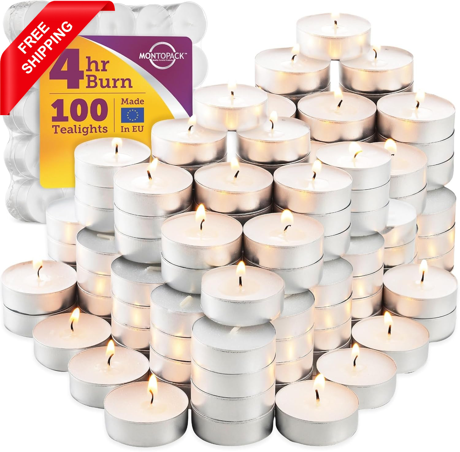Unscented Tea Light Candles 100 Pack | 4 Hours, White, Smokeless, Dripless Small
