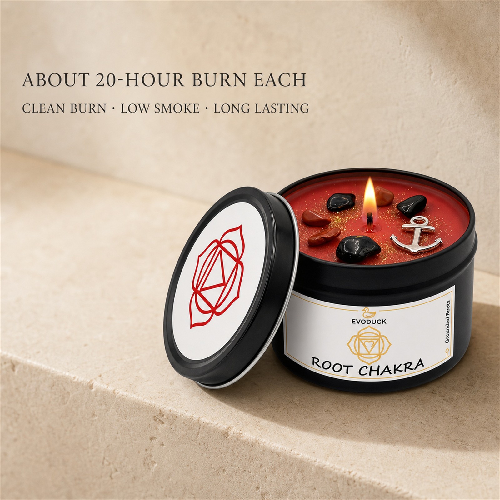 3-Piece EVODUCK Lower Chakra Healing Candle Set, Crystals, Balance Chakras