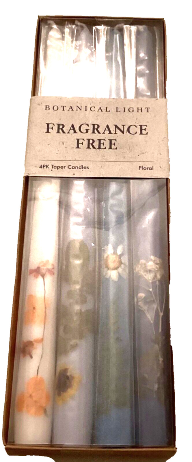 Set of 4 Blue, White 12” Unscented Botanical Light Tapered Candles —#262