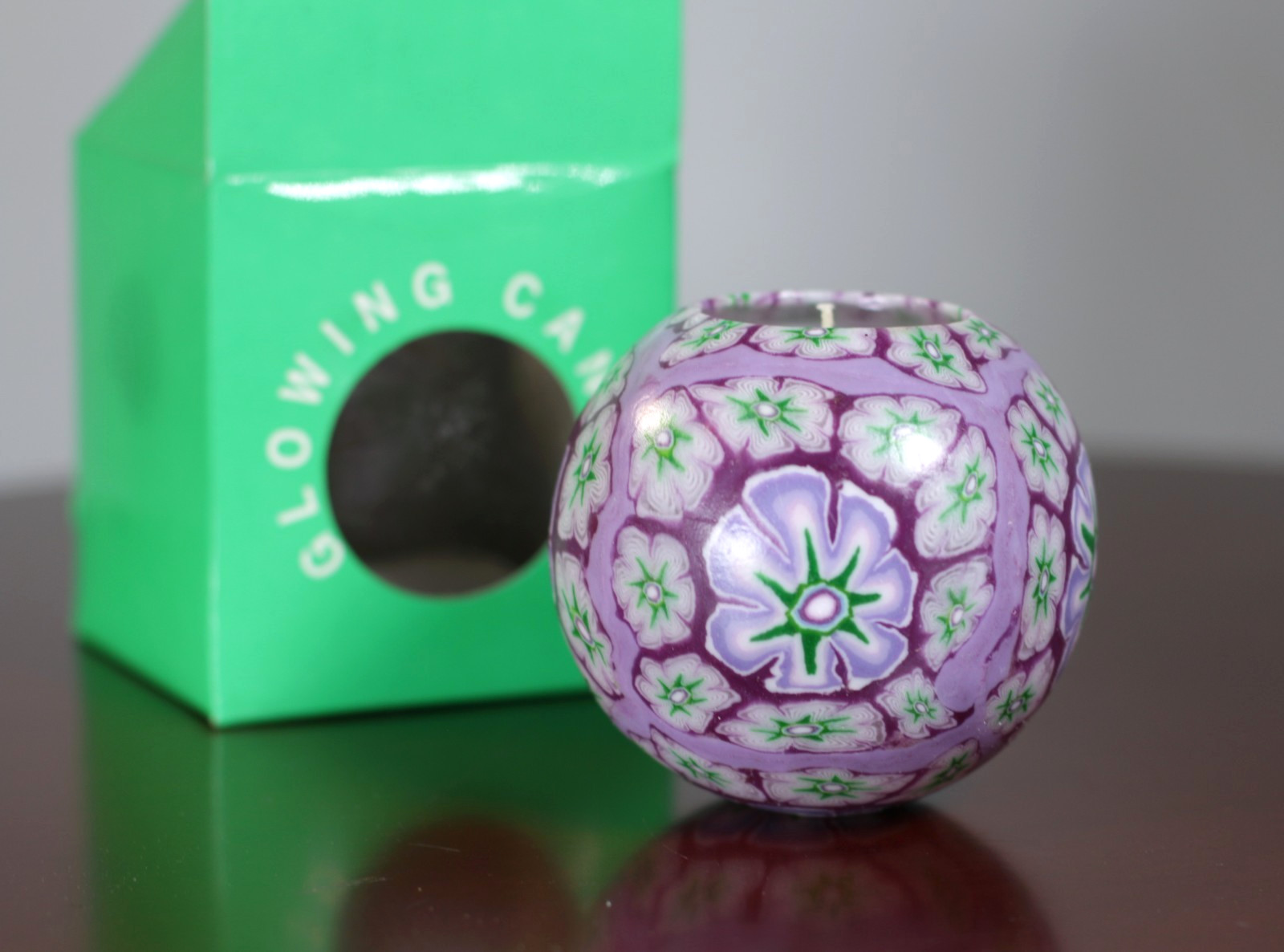 Millefiori Glowing Candle Green Purple Orb Mosaic Flower Psychedelic 90s NOS