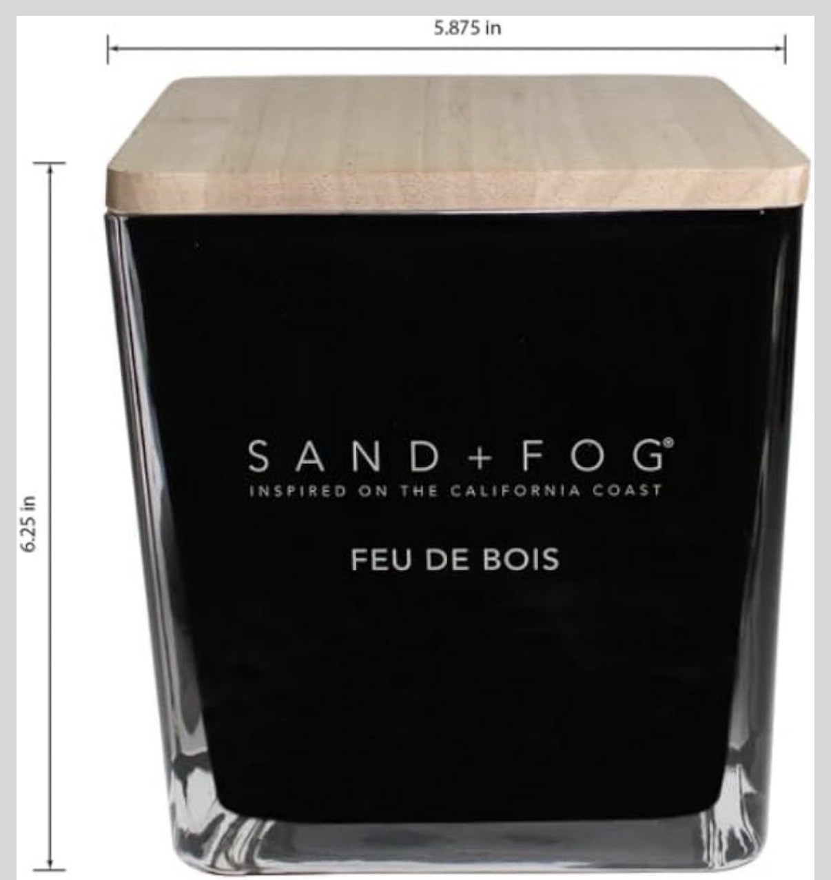 Sand + Fog Feu De Bois Black Square Glass Jar Candle 6.25in x 5.875in