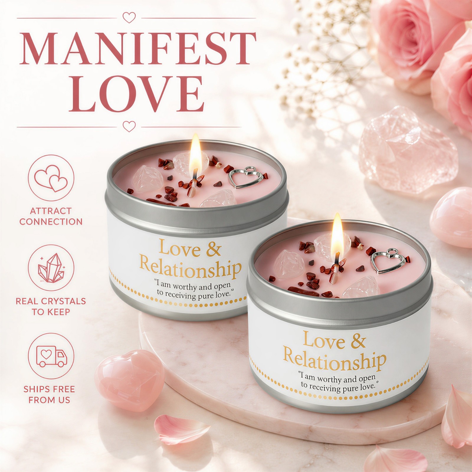 2 Pack Rose Quartz Crystal Candle Soy Love Manifestation Intention Gift
