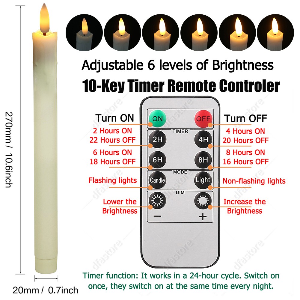6pcs Flameless Flickering Electric LED Taper Candles Lights with Timer Remote